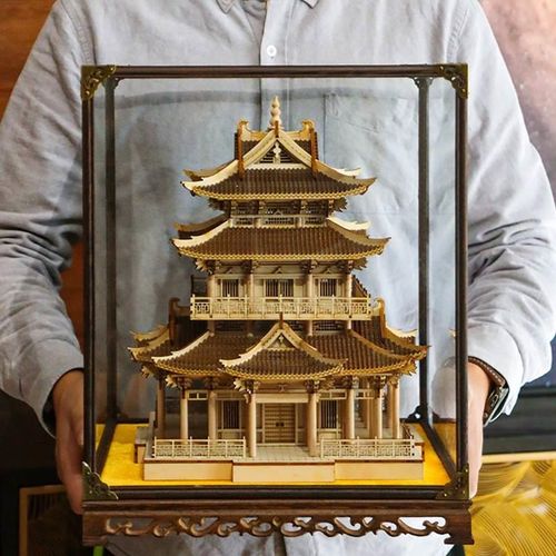 新中式中国古建筑摆件模型木质工艺品办公室装饰来图定制文创产品